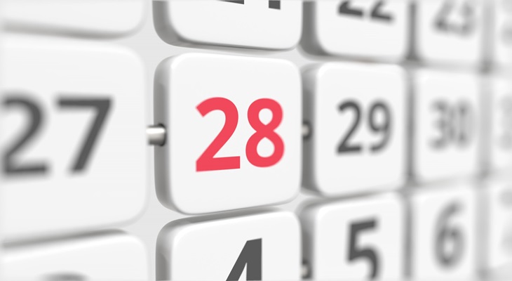 Calendario con giorno 28 evidenziato in rosso